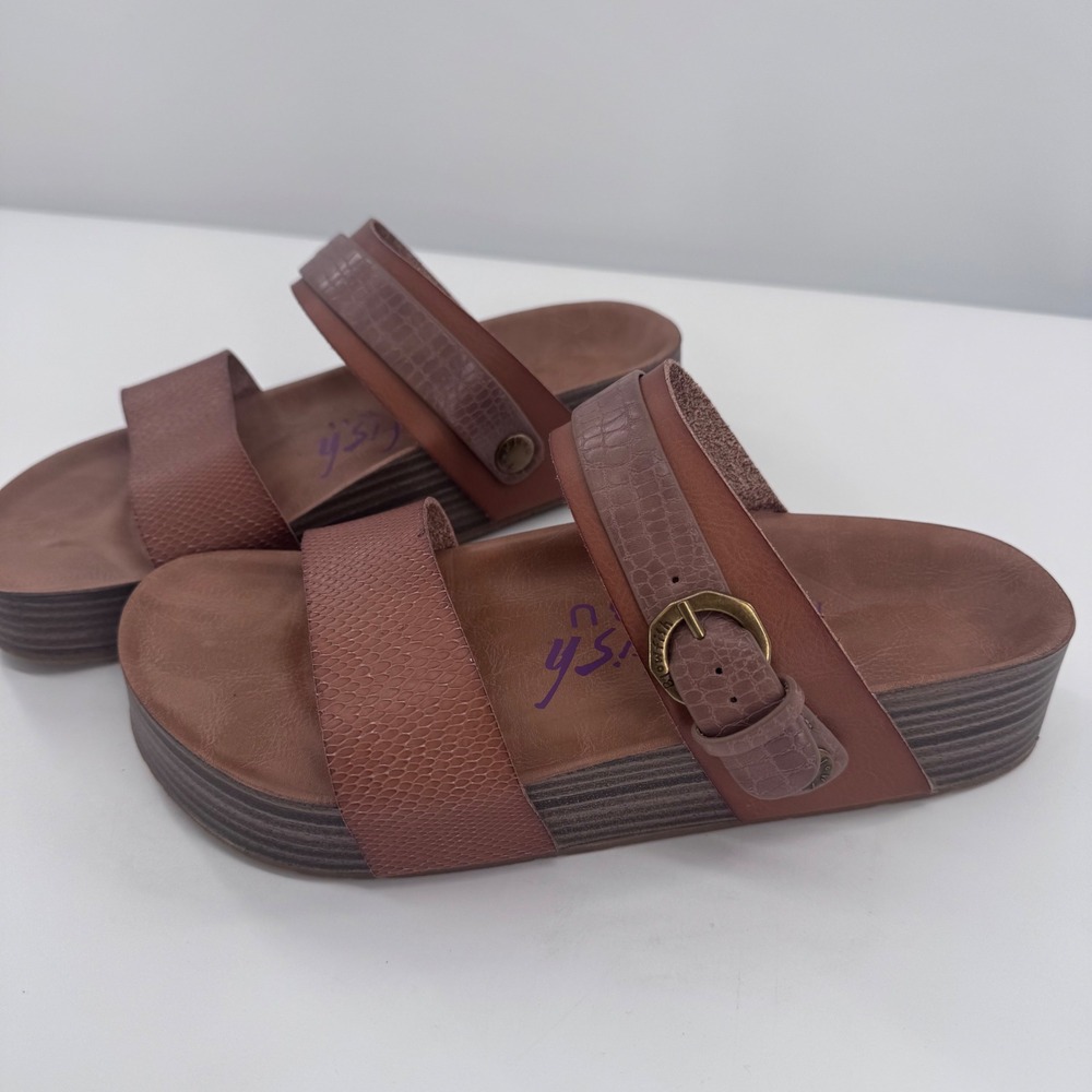 Blowfish Malibu Platform Sandals Women Size 9 Brown Faux Leather Wedge Slides